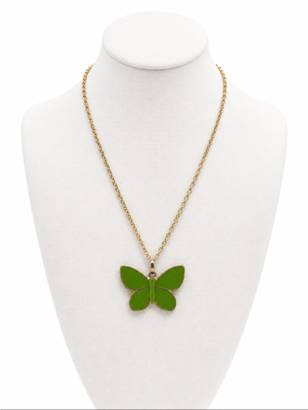 Green Enamel Butterfly Pendant Necklace Gold Tone Chain